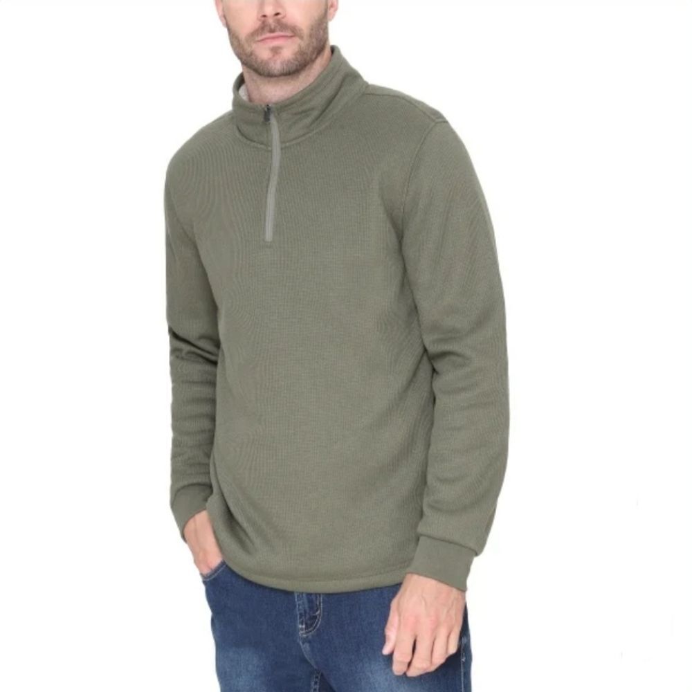 BC Clothing Men’s Fleece Lined Quarter Zip Heavyweight Waffle Pullover Top Green